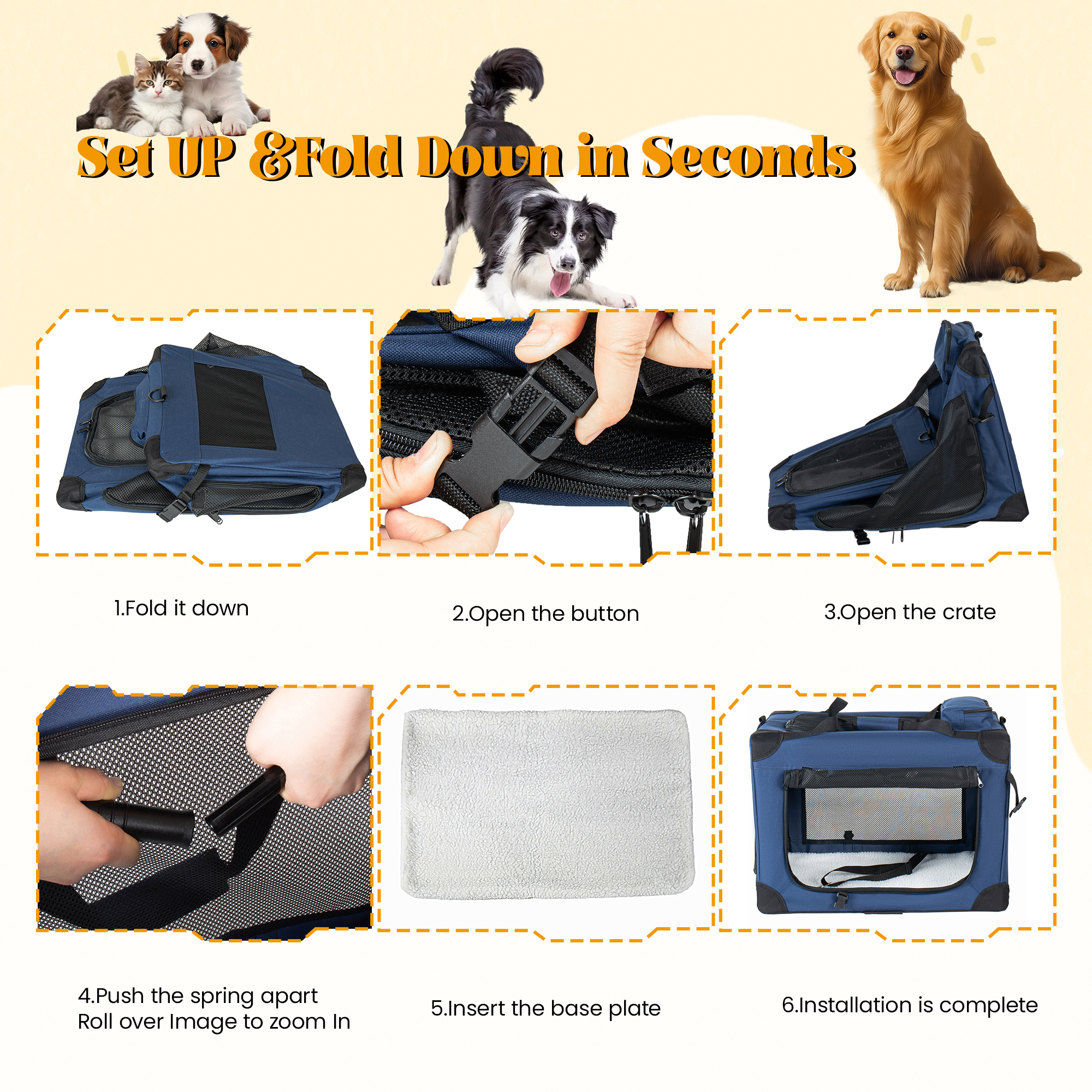 40 Soft Dog Crates Kennel, 3-Door Portable Folding Pet Carrier With Mesh Windows, Straps And Fleece Mat For Dogs, Cats, Rabbits, Meeting The Needs For Indoor, Outdoor, And Travel Use, Dark Blue — imagen 4