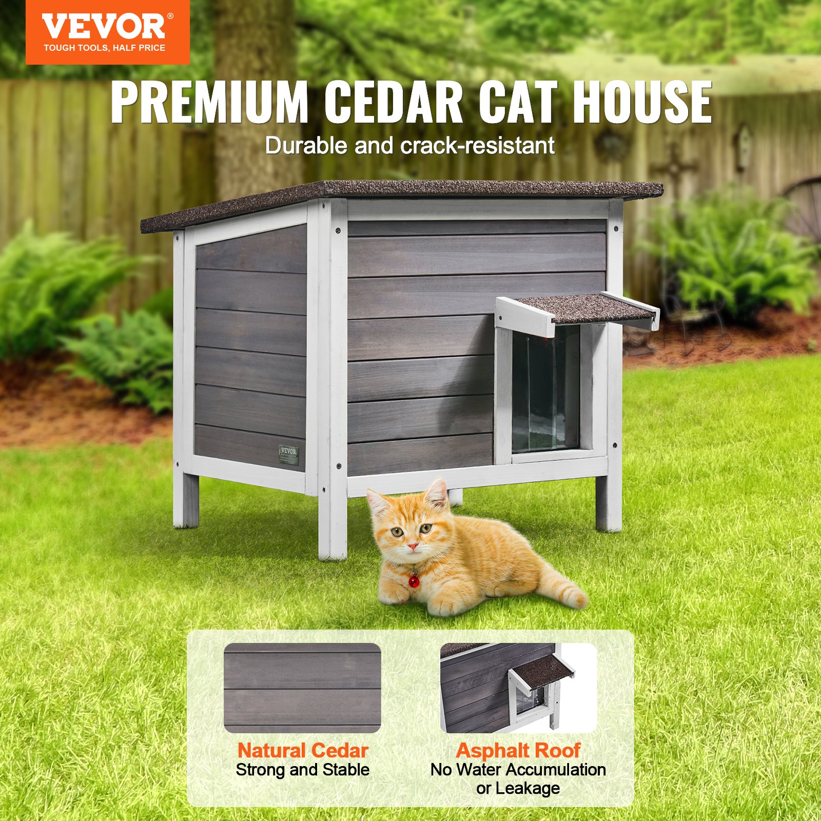 Outdoor Cat House Wooden Feral Cat Shelter With Roof & PVC Door Flaps — image 4
