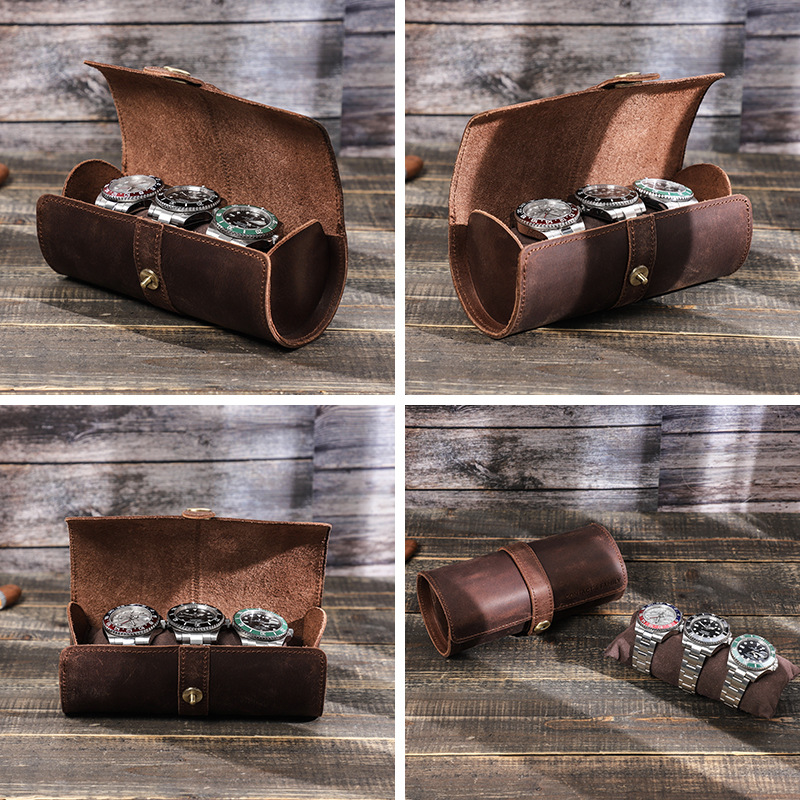 CONTACTS FAMILY Vintage Crazy Horse Leather Watch Storage Box with Round Buckle Clasp - 3 Pack — image 2