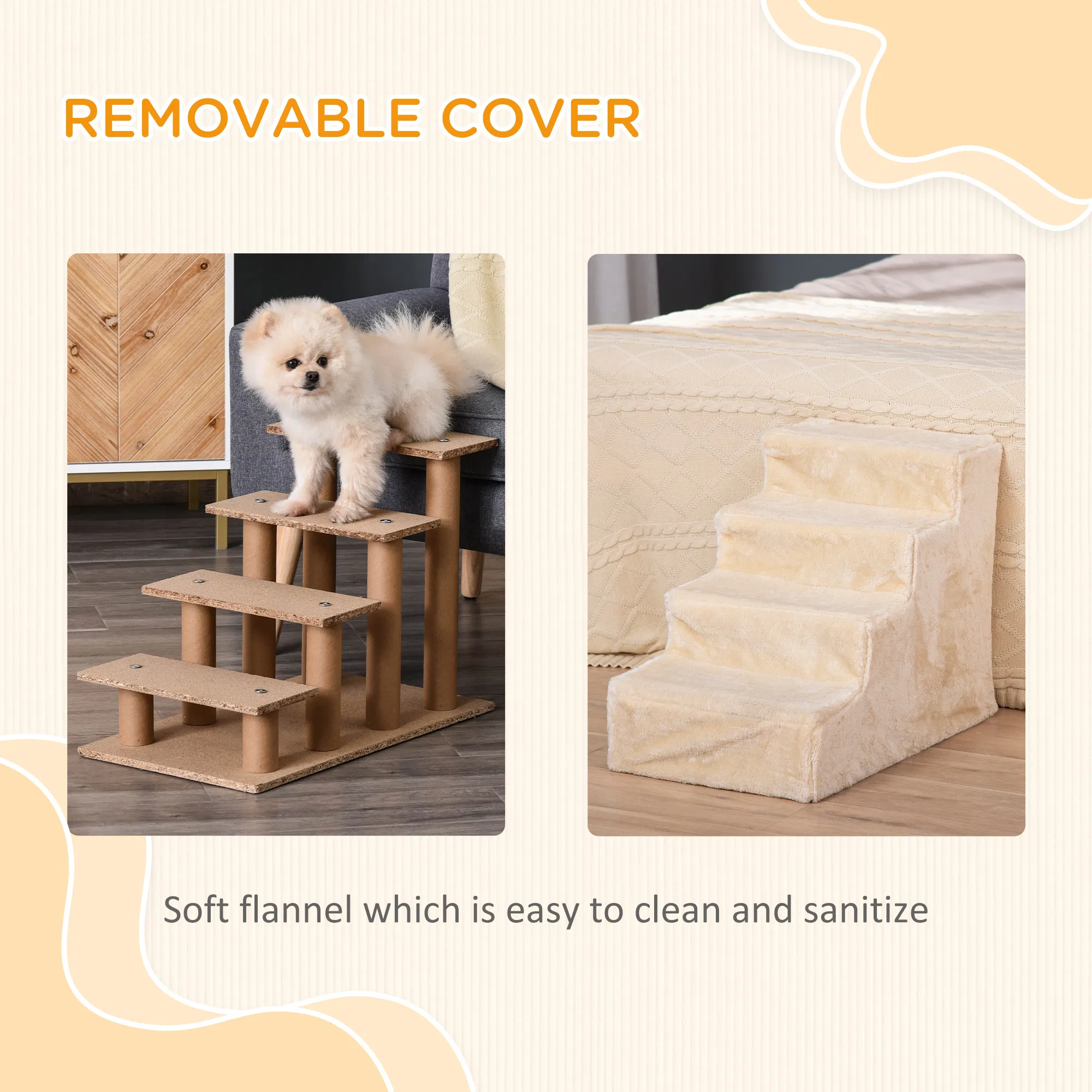 4-Step Dog Ramp for Sofa, Bed, and Couch, with Removable Cover, Beige — image 5
