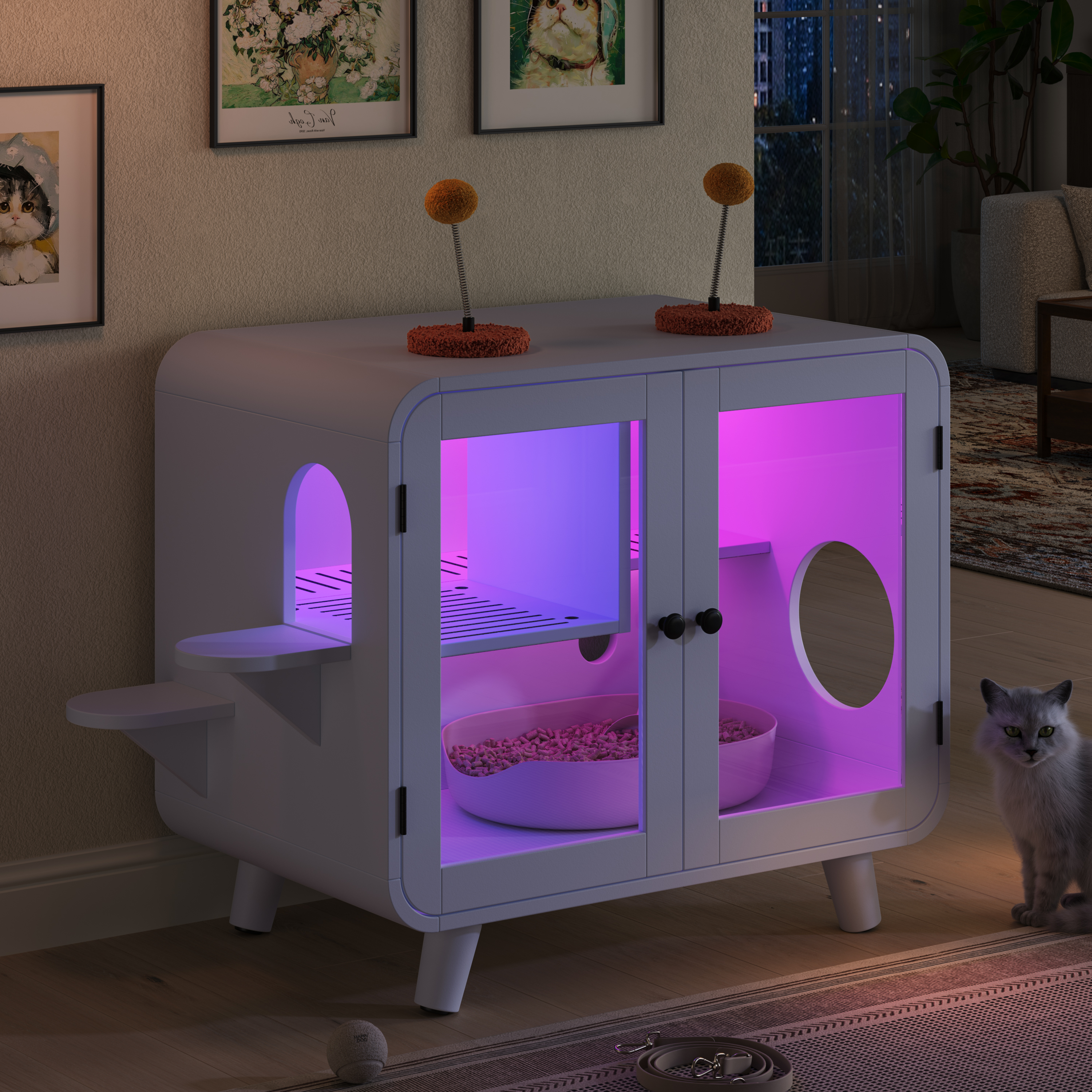 Caja de Limpieza Oculta para Gatos con Luz LED RGB, Casa para Gatos con Escaleras y Juguetes Pom-poms para Diversión, Armario de Baño para Gatos con Paseo Anti-Escamas y Puertas de Vidrio para Mejor Vista, Blanco — imagen 4