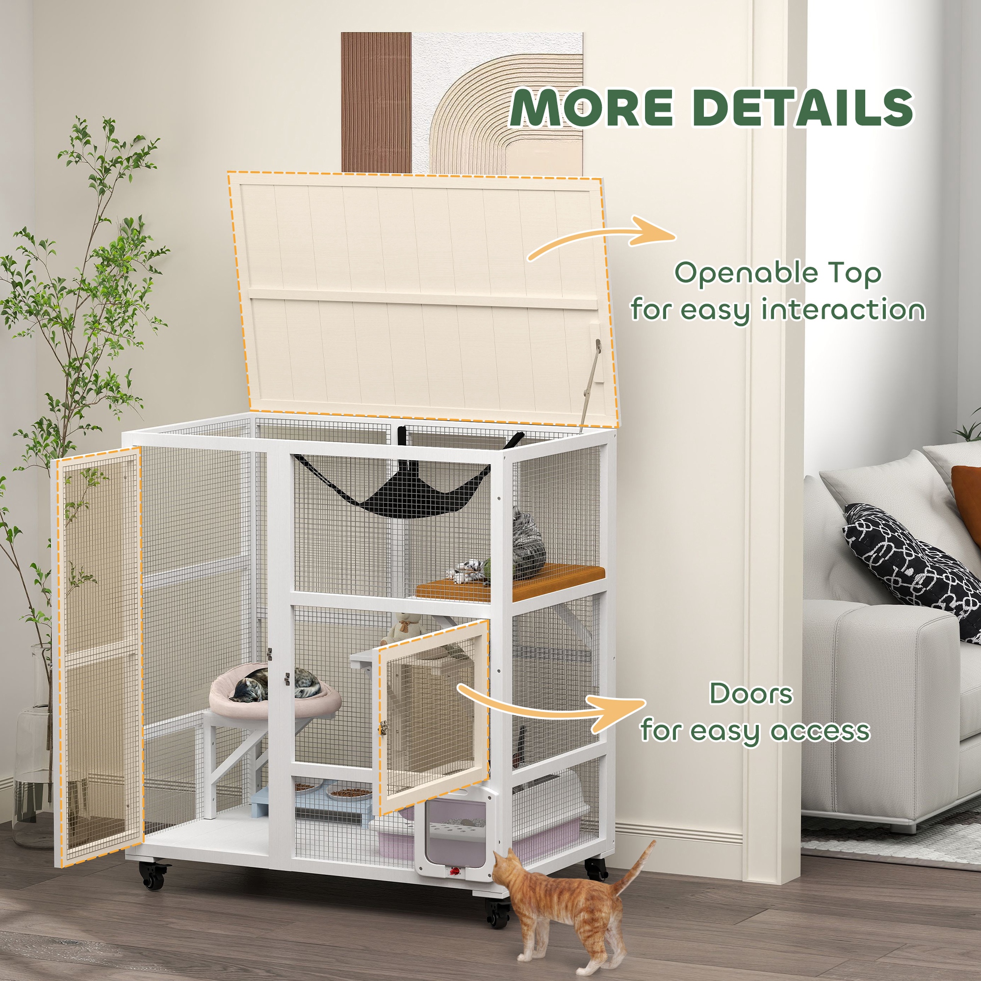 Casa para Gatos, Encierro Interior en Ruedas con Parte Superior Abatible, 39", Blanco — imagen 2