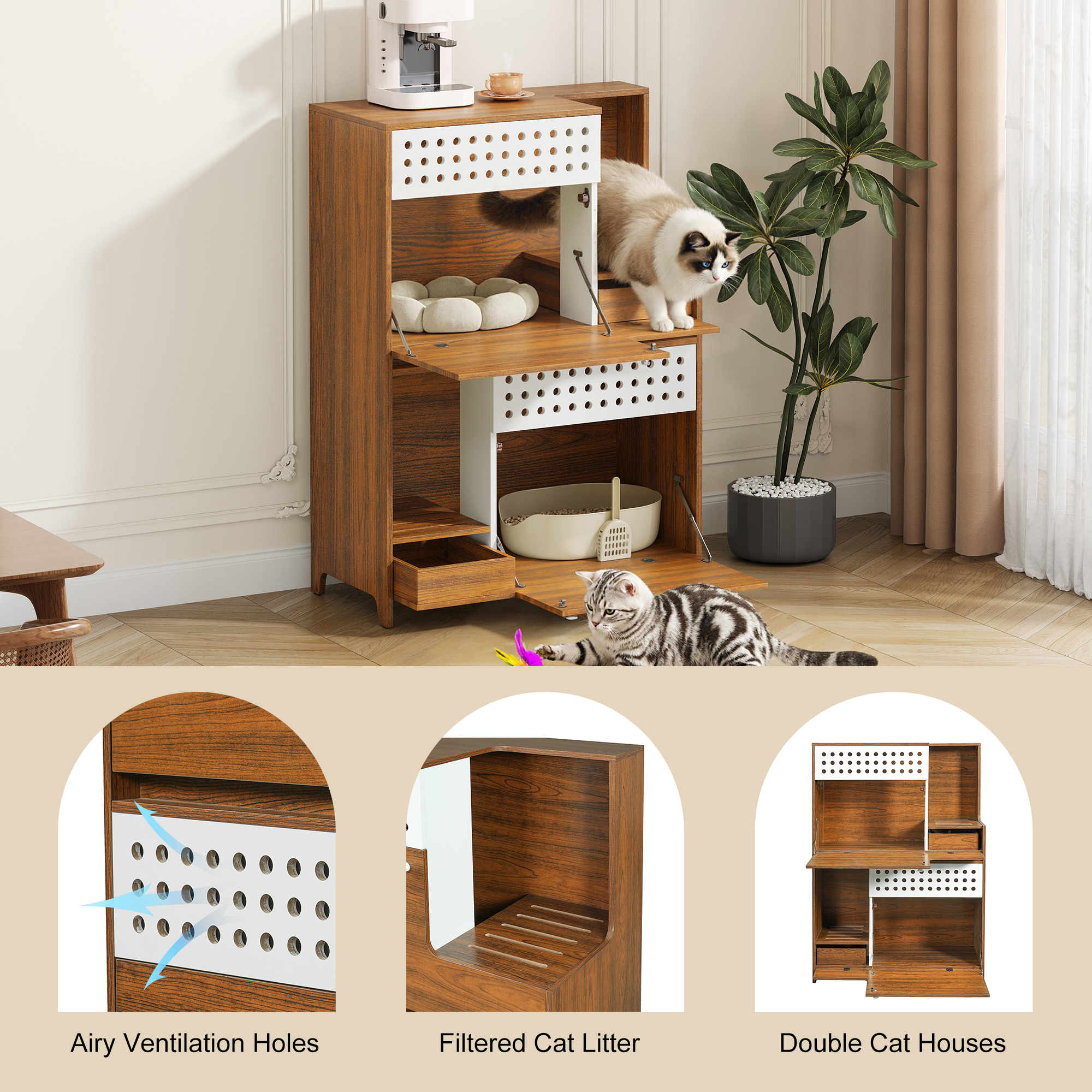 Modern 2 IN 1 Cat Furniture, Cat Litter Box Enclosure Side Table, Cat House With Storage, For 2 Small-Medium Sized Cats - BROWN — imagen 5