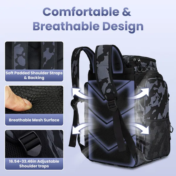 Mochila de Pesca de 11Gal, Bolsa de Almacenamiento de Aparejos de Gran Capacidad con Portacañas, 16 Bolsillos, Resistente al Agua, con Divisor y Correas Acolchadas Ajustables para Equipo de Pesca, Camping y Senderismo — imagen 3
