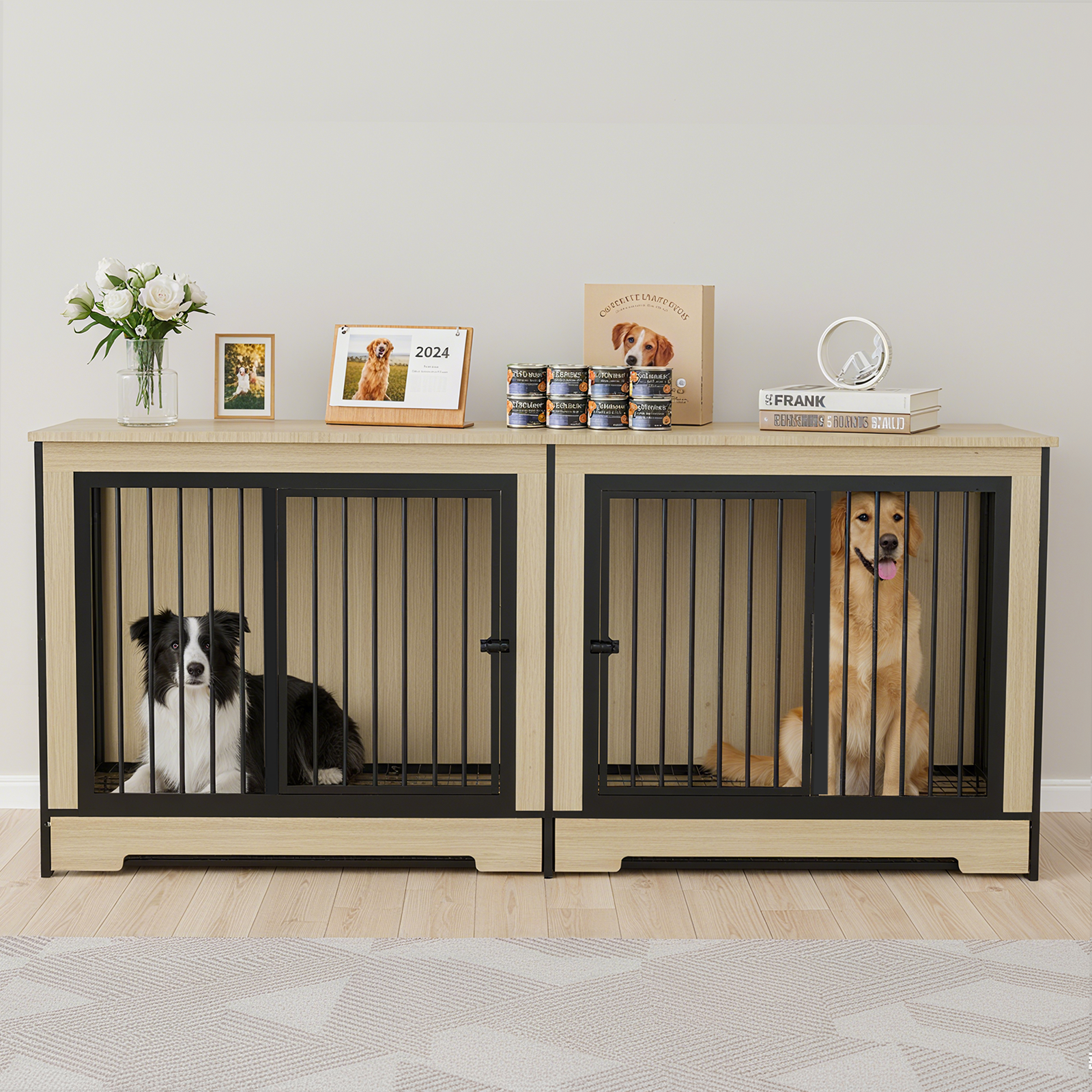 Dog Crate Furniture With Two Combined Room, XL Large Double Dog Cage Furniture With Tray For Medium Large Dogs, Wooden Dog Kennel Furniture — image 2