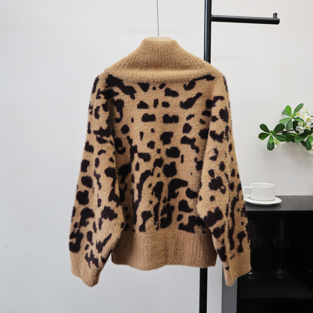 Leopard print high neck cardigan loose sweater — image 4