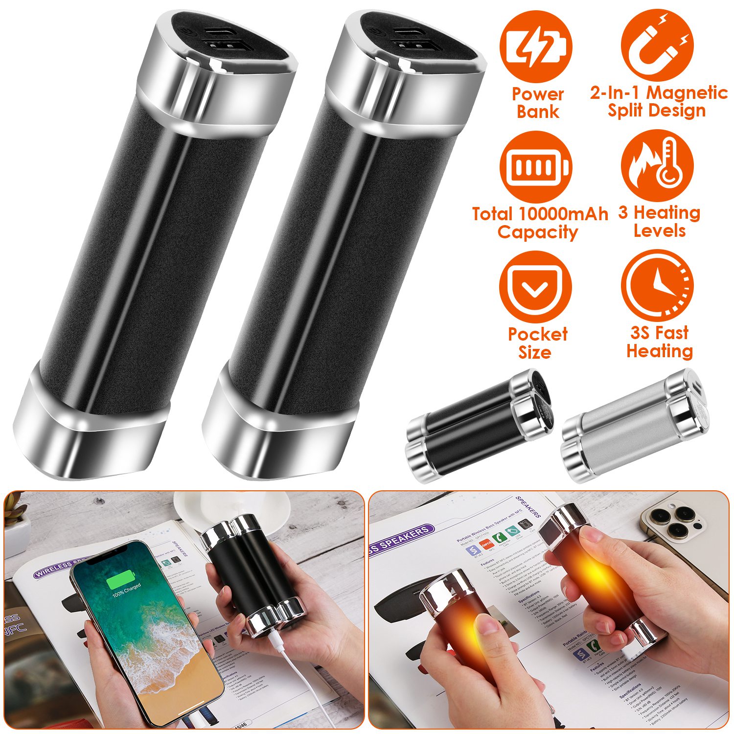 Paquete de 2 Calentadores de Manos Magnéticos Divisibles 2 en 1, Calentador Eléctrico de Bolsillo Portátil y Power Bank Con 3 Niveles de Calor, Para Camping, Caza, Pesca y Esquí — imagen 2