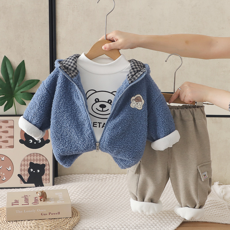 Boys Autumn Winter Fleece Lined Thickened Puppy Print Hooded 3-Piece Set Kids Clothes — image 5