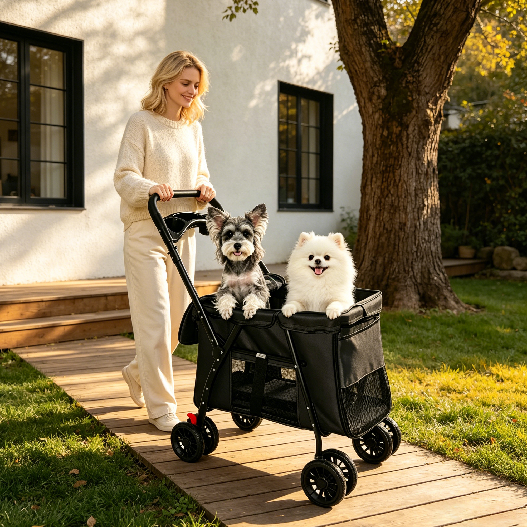 Carril de Mascotas Plegable 4-Ruedas, Malla Respirable para Perros y Gatos con Ruedas de Choque, Sistema de Freno, Plataforma de Almacenamiento, 2 Correas de Seguridad Fijas, Espacio Amplio para Pequeños a Medianos Animales, Negro — imagen 13