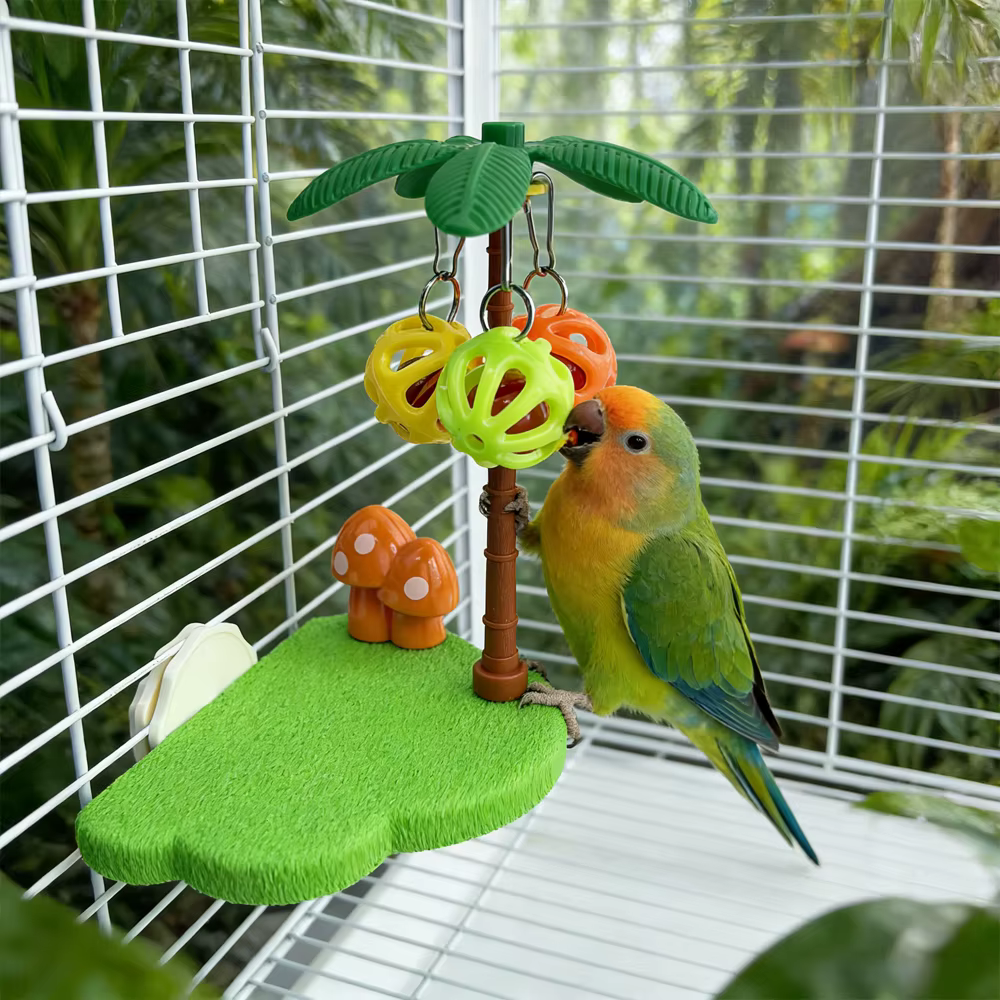 Plataforma de Percha Interactiva para Aves Tropicales con Bolas de Campana y Palma — imagen 1
