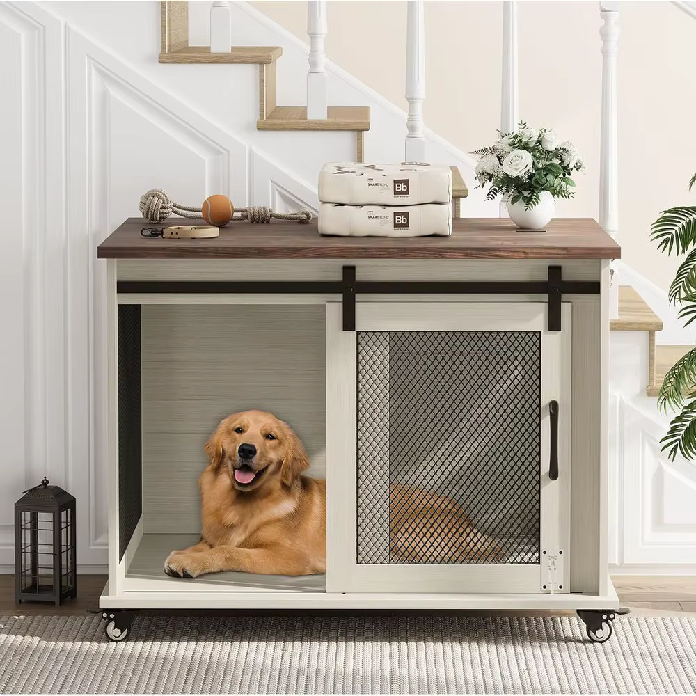 37 Sliding Barn Door Dog Crate Furniture, Wooden Top Kennel End Table, Medium Dog House, Two-Tone Brown & White — image 1
