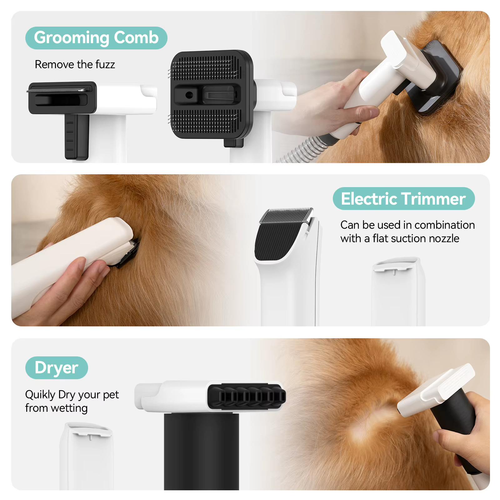 Amicura P1 Vacuum Cleaner & Hair Dryer & Trimmer, 15KPa Suction 600W Blowing, 3-in-1 Pet Grooming Set, Dog Cat Proven Care Tools — image 3