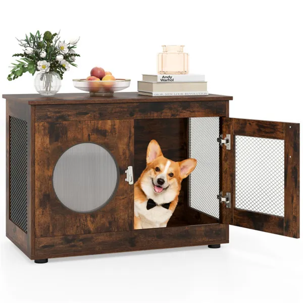 Jaula Mesa Auxiliar 2 en 1 para Perros - Marrón Rústico, Capacidad de 88lbs, Estilo Granja, 32.5"x18.5"x23.5" — imagen 1