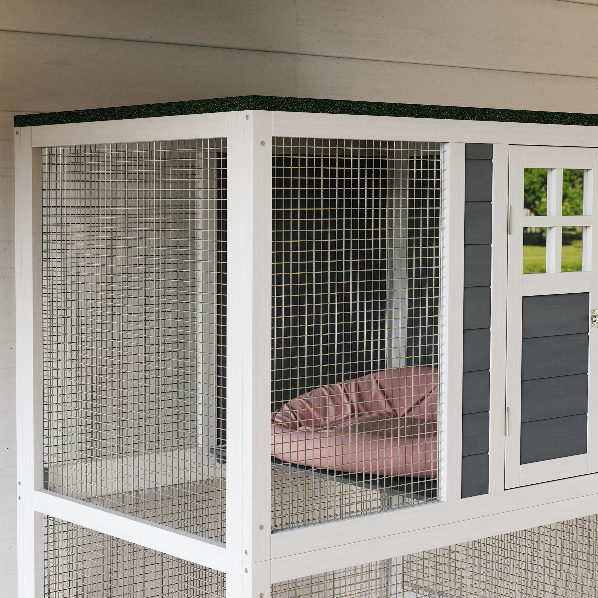 Catio de madera exterior para gatos de 74" con ruedas y resistente al tiempo, casa para mascotas al aire libre con alta capacidad de peso, color blanco — imagen 7