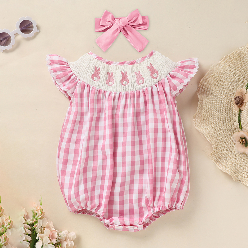 Conjunto Tierno de Mameluco de Conejito para Niña, Traje con Manga Capa y Bordado de Conejito, Incluye Diadema - Peto de Cuadros Rosa — imagen 1