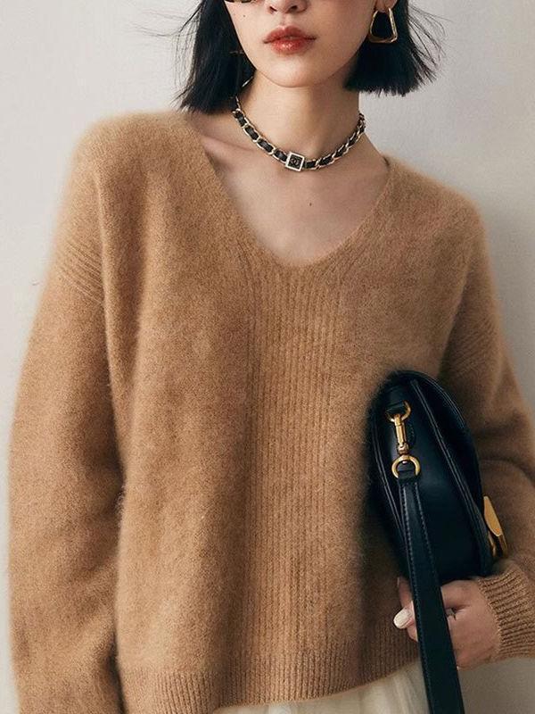 Women's Faux Mink V-Neck Long Sleeve Pullover Sweater Loose Knit Top — image 3