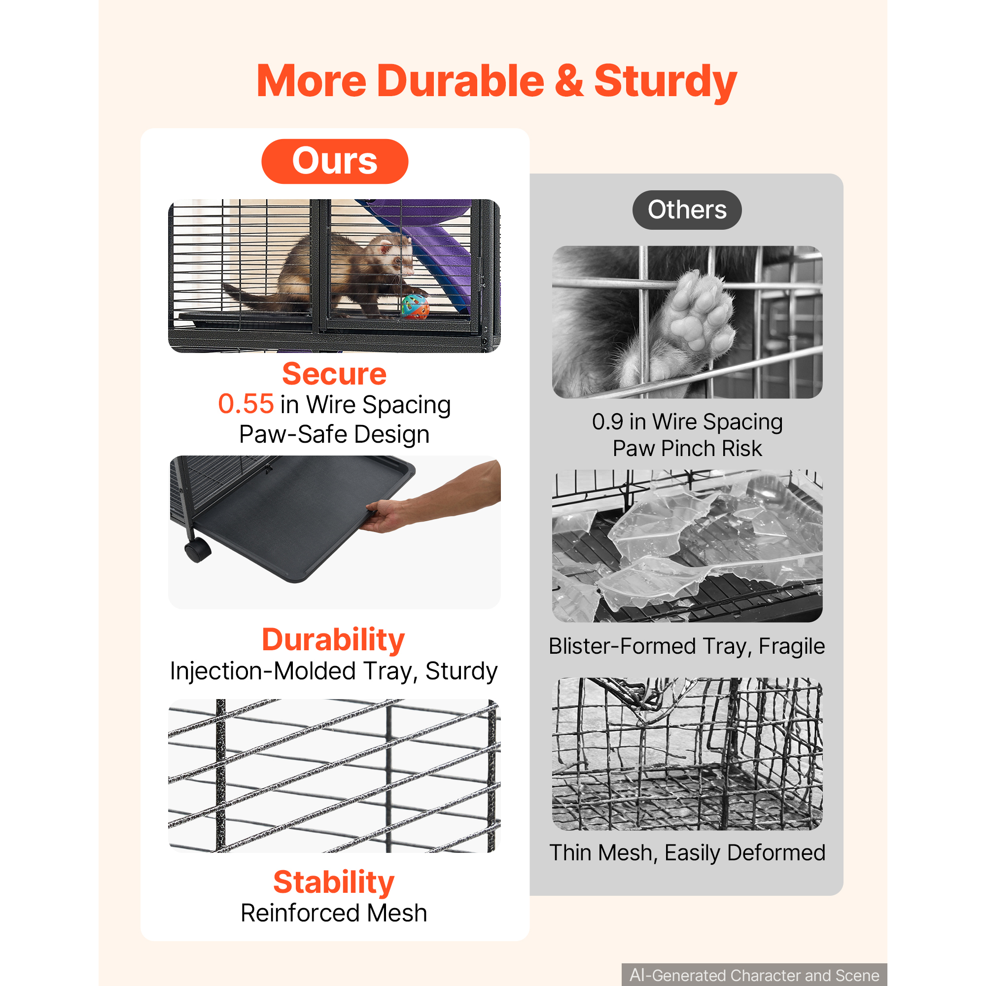 Metal Small Animal Cage 37.8"H 3-Tier Rolling Ferret Cage On Wheels, 0.55" Wire Spacing Large Cages With Ramps, Platform, Tray & Doors For Ferret, Chinchilla, Sugar Glider, Guinea Pig & Rabbit — image 5