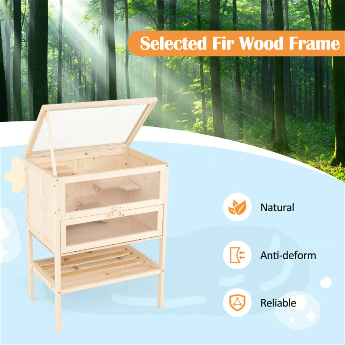 31.5 " Fir Wood Hamster Cage with Flip Mesh Roof, Multi-Level Activity Areas & Bottom Storage Shelf — image 4