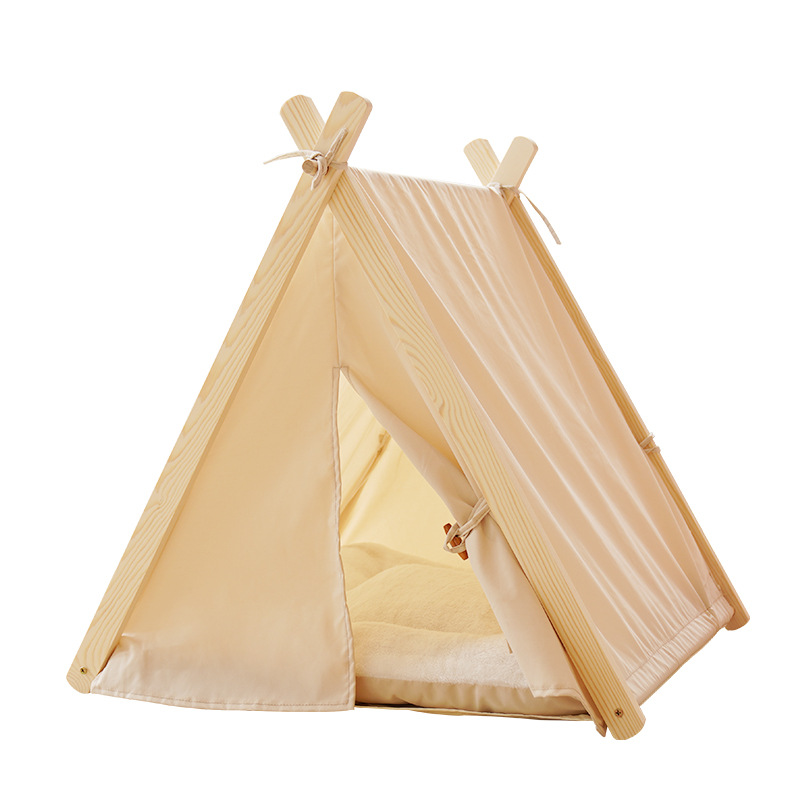 Four Seasons Pet Nest Removable and Washable Beige Stripe Canvas Solid Wood Tent Cat Nest Dog Bed — image 6