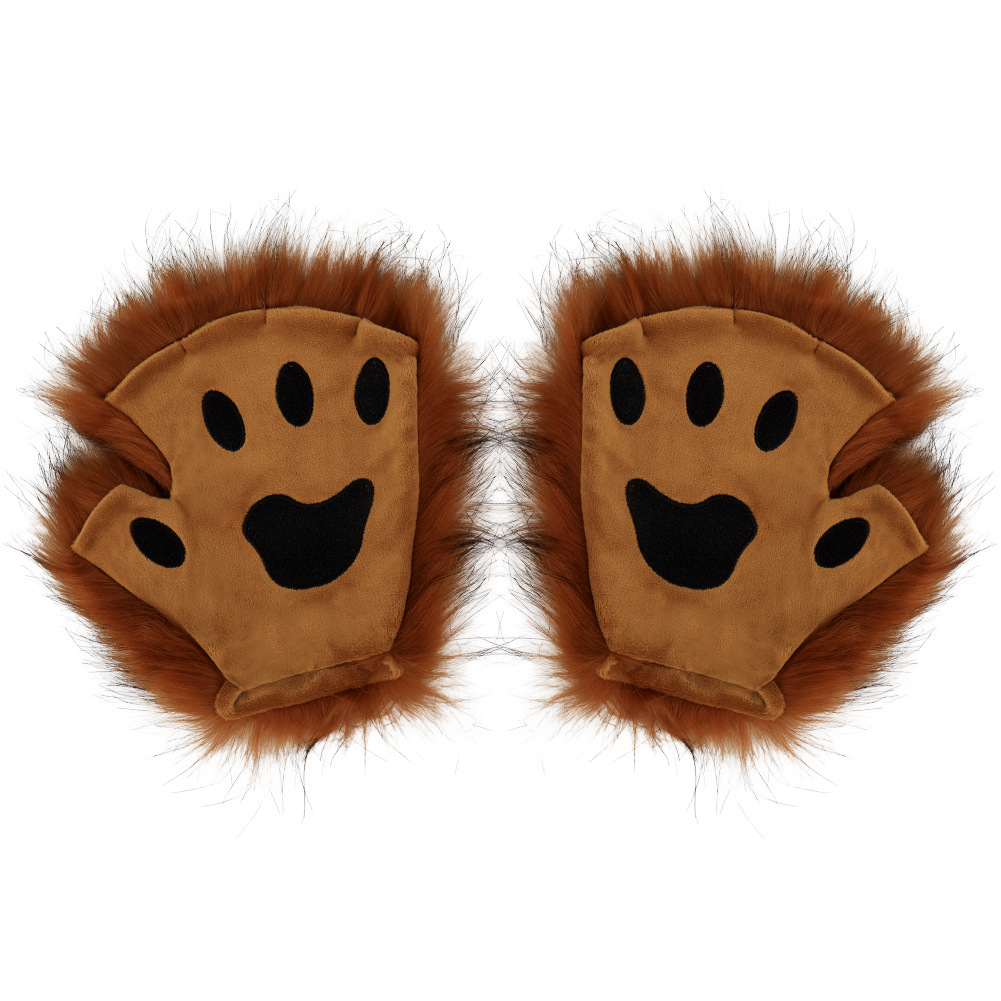 Fuzzy Cat Paw Gloves Halloween Costume Prop Cosplay Wearable Half-Finger Animal Paws Winter Warmth — image 3