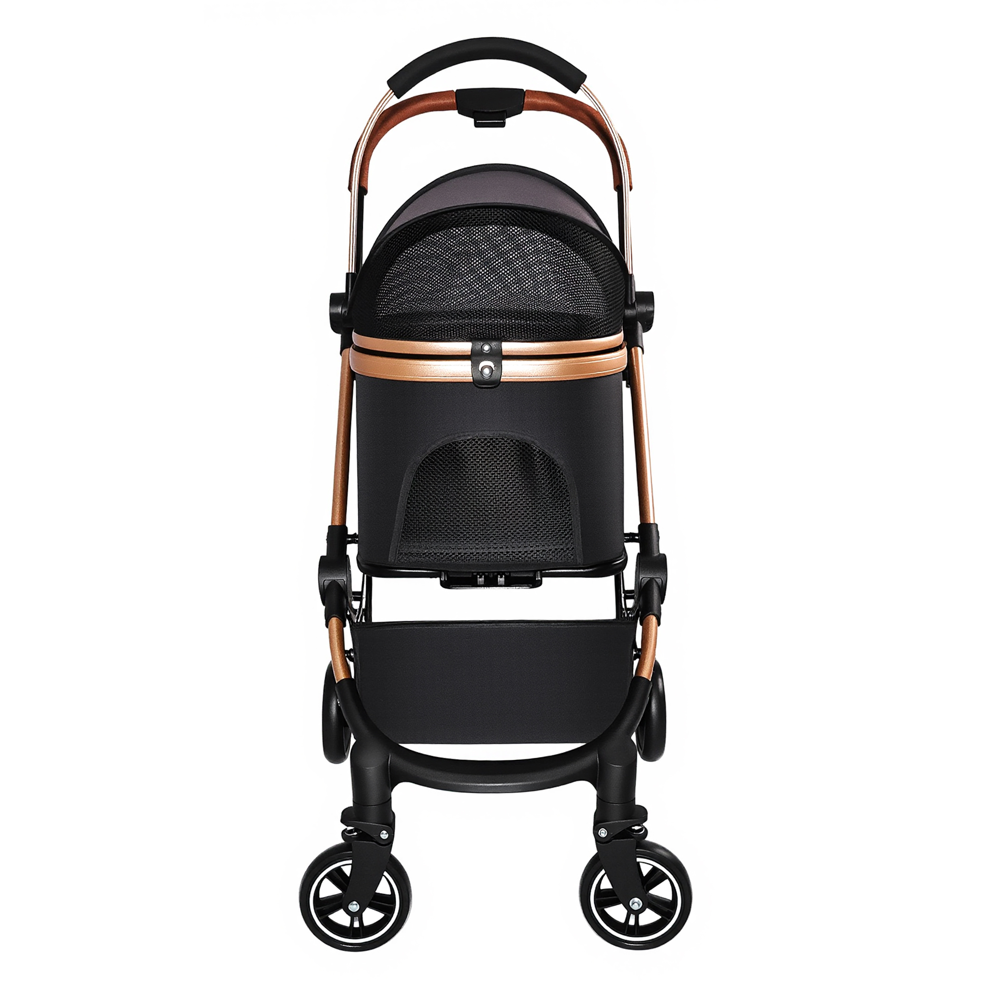 Pet Stroller for Dogs and Cats, 2-in-1 Detachable Foldable 4 Wheels Pet Stroller, Quick One-Hand Fold, Storage Basket, Detachable Carry Basket with Sun Canopy(Black+Gold) — image 6
