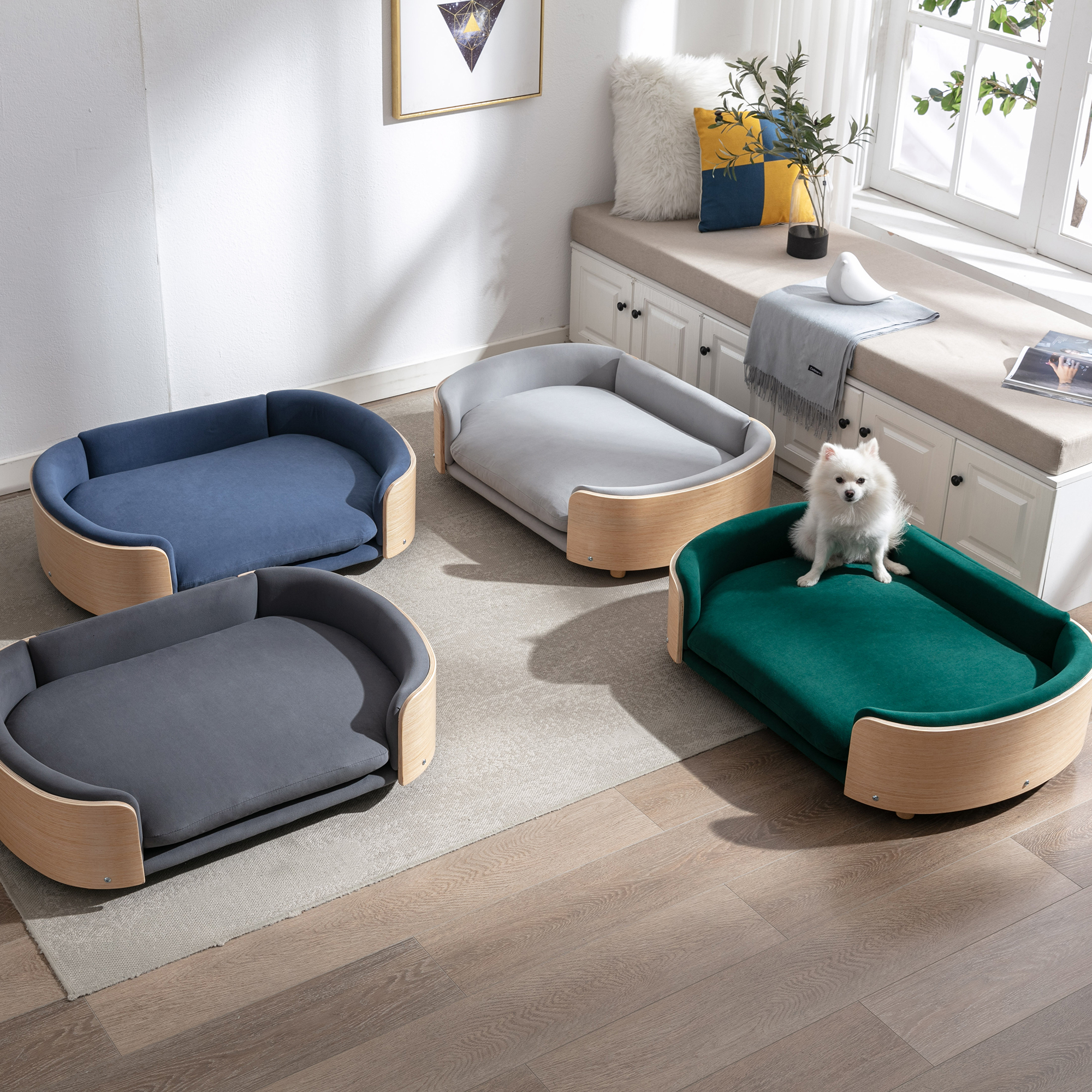 Scandinavian style Elevated Dog Bed Pet Sofa With Solid Wood legs and Bent Wood Back, Velvet Cushion, Large Size — image 12