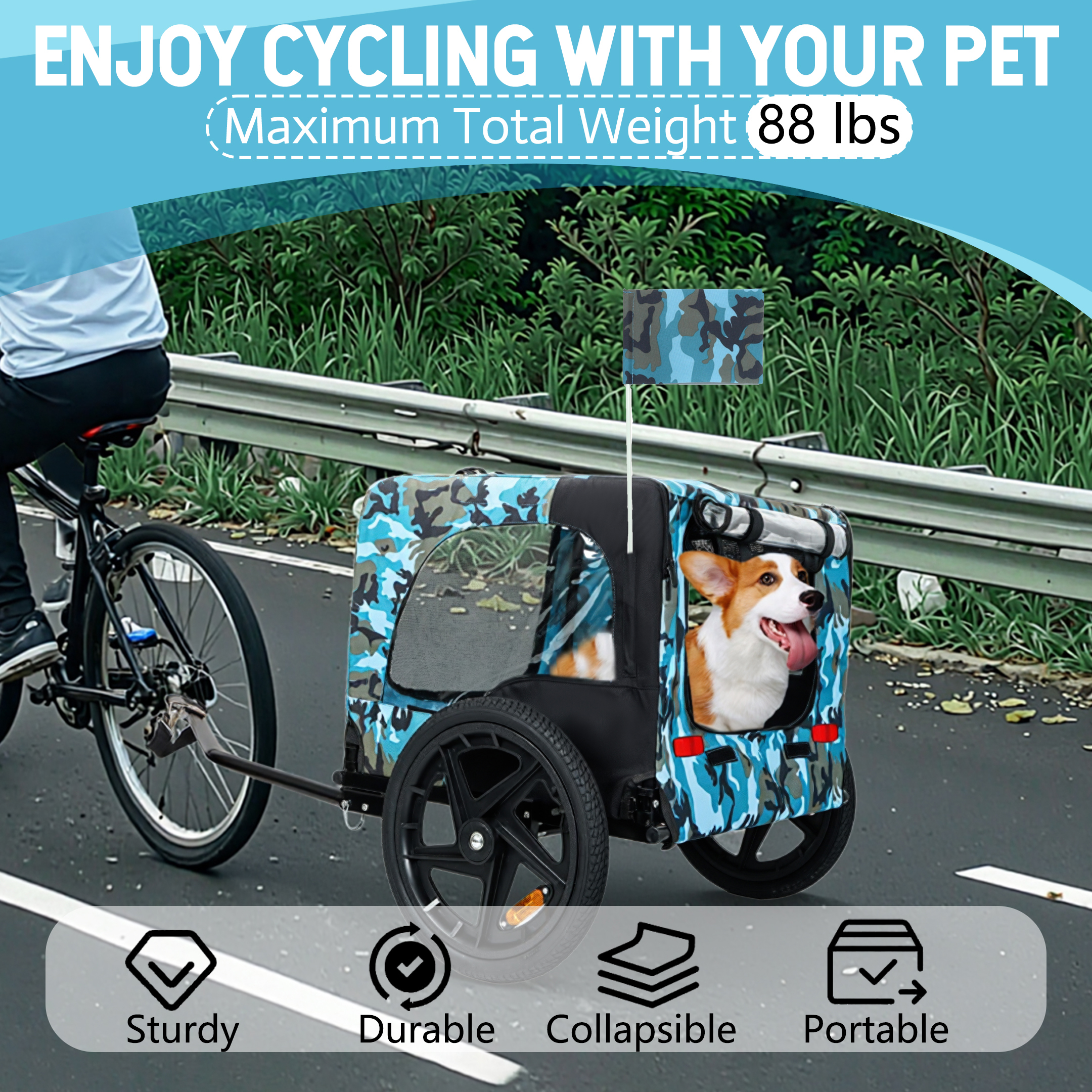 Outdoor Heavy Duty Collapsible Pet Bike Trailer With 16-Inch All-Terrain Wheels & Universal Hitch - Foldable Dog Cargo Carrier Cart For Bicycles, Blue Black — image 5
