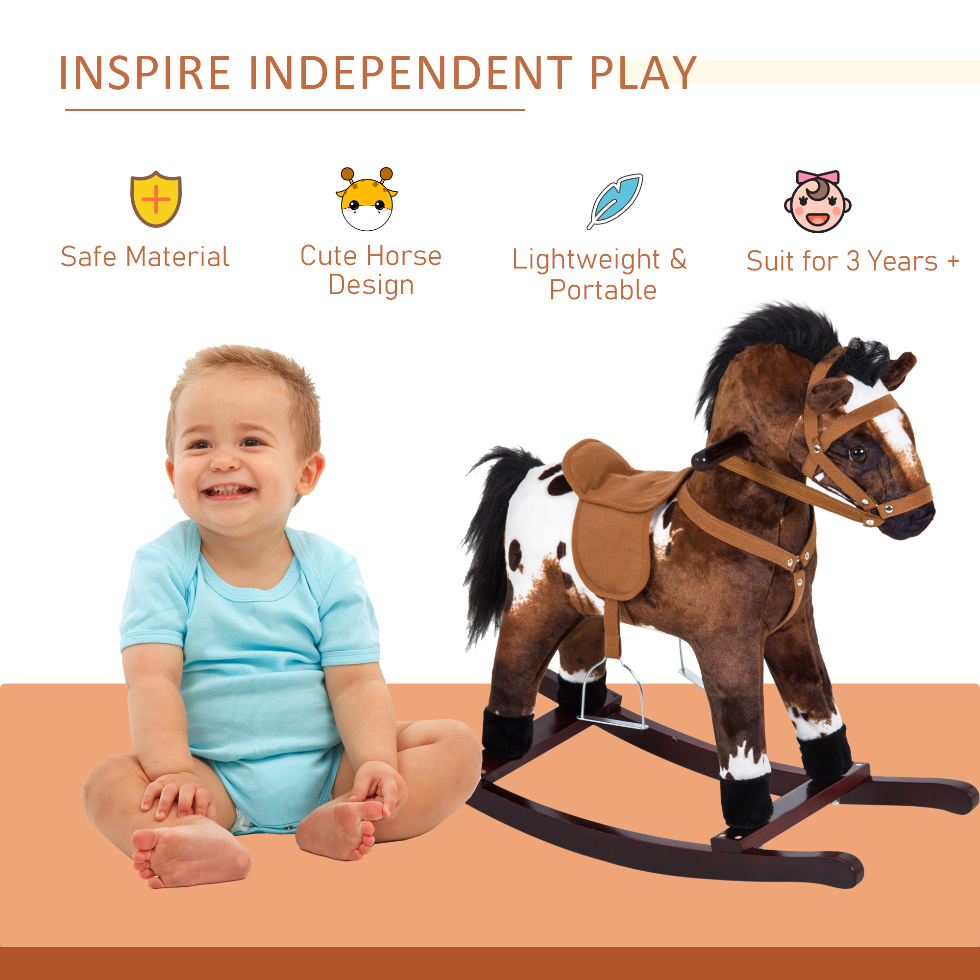 Caballo de Música para Niños de Peluche Montaje para Bebés con Letras Infantiles y Sonido Musical para Edad 1.5 a 3 Años, Marrón Claro y Blanco Perfecto como Regalo para Pequeños — imagen 2