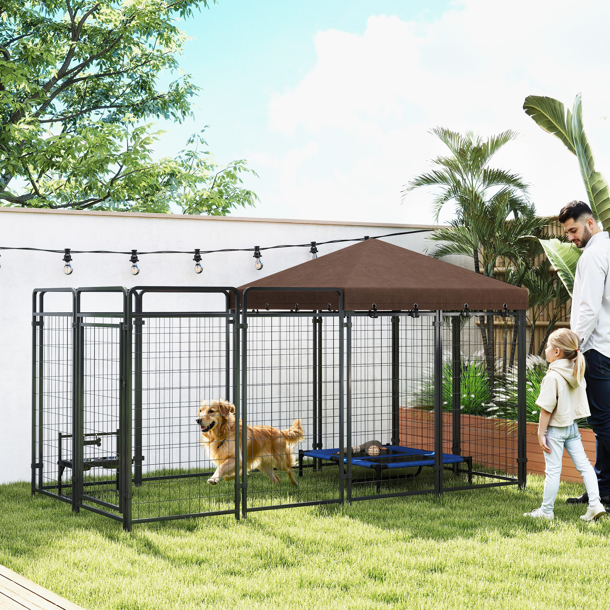 Dog Kennel Outdoor with Waterproof Canopy, Dog Run with Galvanized Chain Link, Secure Lock, for Backyard and Patio, Large and Medium Sized Breeds, Chickens, Ducks, 9.3 x 4.6 x 5.2 — image 1