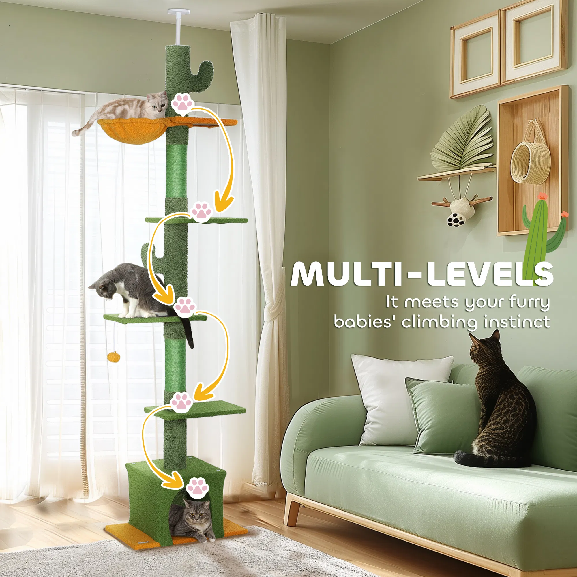 Floor to Ceiling Cat TreeTower with 90.5"-108" Adjustable Height, Scratching Posts, Hammock, Comdo, Toy Ball, Green — image 5