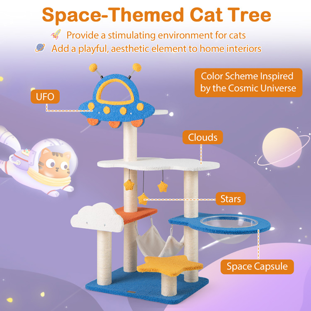 Rascador para Gatos Alto con Percha Superior en Forma de OVNI, Cápsula Espacial y Postes Rascadores de Sisal — imagen 8