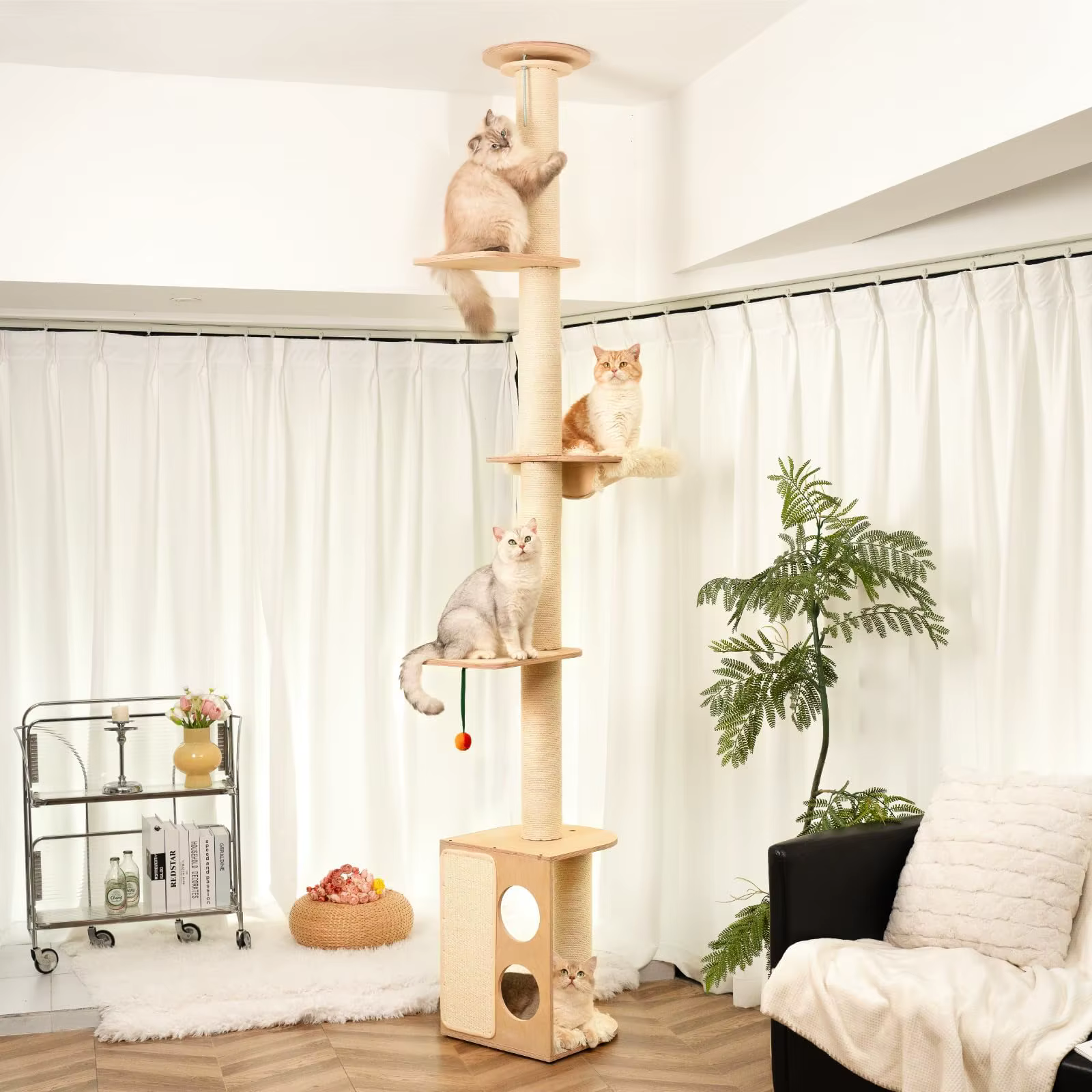 Tall wall-mounted cat tree, designed specifically for indoor cats; climbing tower; interactive wooden wall-mounted cat furniture — image 1